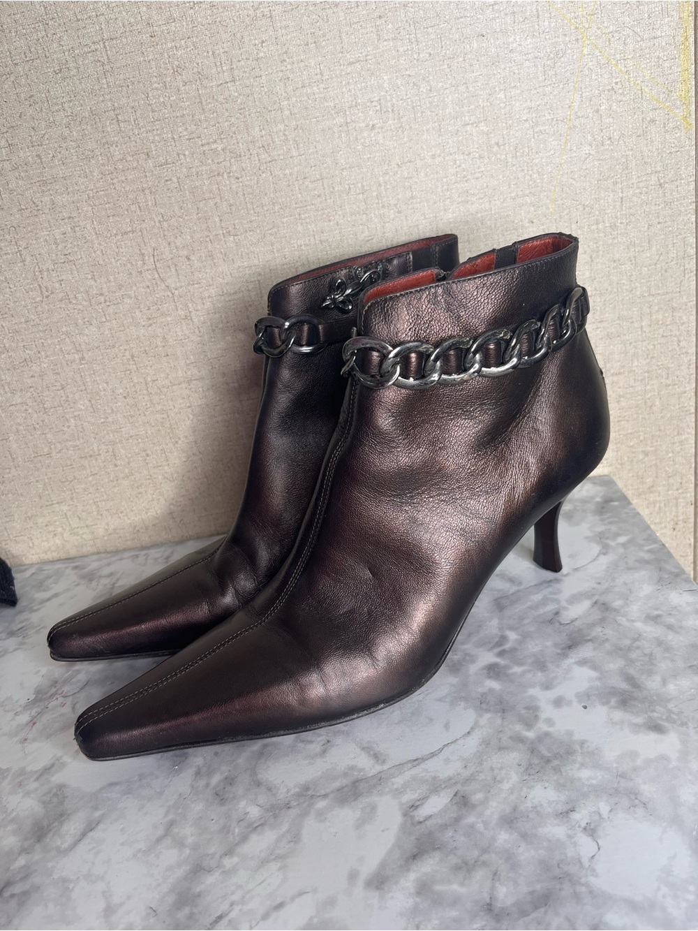 Donald J. Pliner Bronze Metallic Leather Chain-Trim Ankle Booties